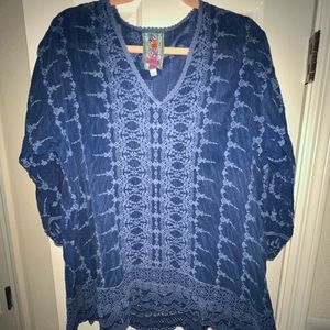 Johnny Was Large Blue Embroidered Top Long Sleeve